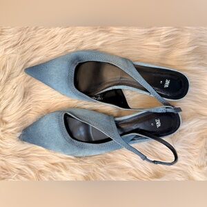 Zara Denim Blue Pointed Slingback Shoe 10/41